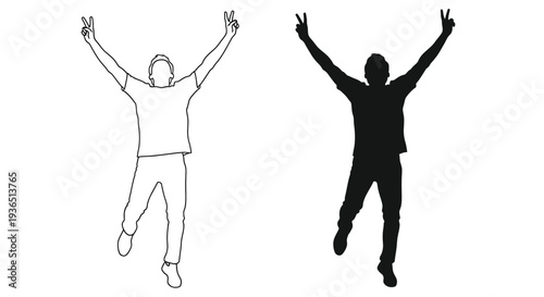 People celebrating with raised arms shown as outline and silhouette