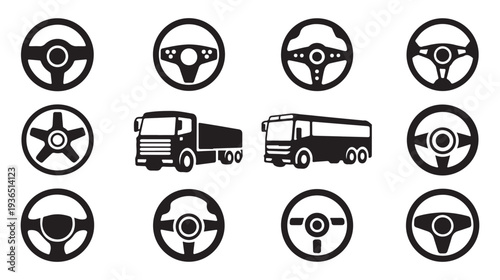 Steering wheel and truck bus icon set. car wheels, auto drive symbols isolated on white background