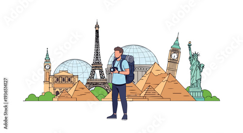 Flat 2D illustration of a young traveler with a backpack standing in front of famous landmarks around the world, conveying a sense of travel and exploration.