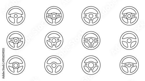 Steering wheel line icons set. car wheels and auto drive outline icon collection for web design