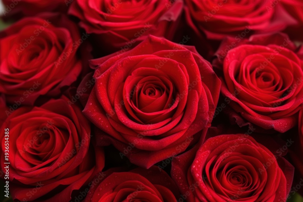 Naklejka premium Vibrant red roses with dew drops close-up