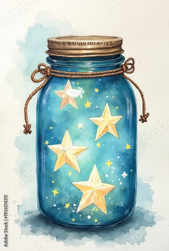 Glowing watercolor jar filled with stars, cerulean, lemon, and rose light spilling through glass onto soft blooms, with curled handwritten notes around the neck, metaphorical card