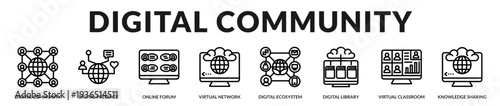 Digital community banner presenting connected knowledge networks and collaborative virtual ecosystems in Lineal Icon Style