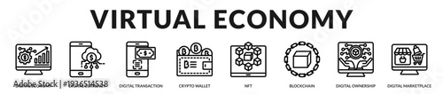 Virtual economy banner highlighting decentralized finance systems and scalable digital value exchange in Lineal Icon Style