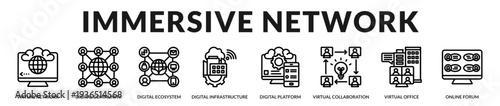 Immersive network banner presenting interconnected virtual ecosystems and collaborative digital infrastructures in Lineal Icon Style