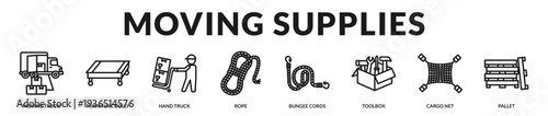 Professional moving supplies banner highlighting essential equipment for efficient relocation and cargo handling in Lineal Icon Style