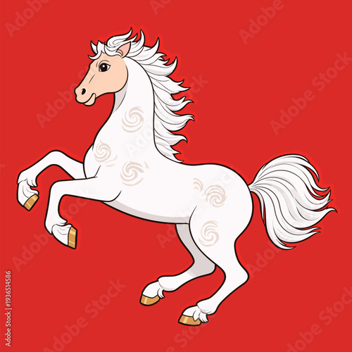 A horse with a flowing mane rises on its hind legs against a bright red background, symbolizing excitement during a festival.