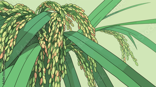 Rice plant shows green leaves and grains during the growing season in a sunny field with vibrant colors in the background.