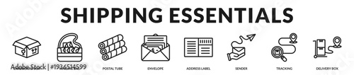 Shipping essentials banner featuring reliable mailing, labeling, and parcel tracking components for modern distribution in Lineal Icon Style
