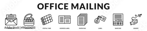 Office mailing banner presenting organized document dispatch and professional postal management assets in Lineal Icon Style