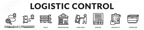 Logistic control banner presenting integrated tracking and warehouse management systems for streamlined distribution in Lineal Icon Style