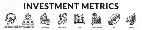 Investment metrics banner showcasing refined capital analysis and long term return evaluation tools in Lineal Icon Style