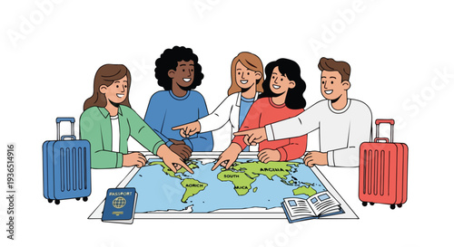 Flat 2D illustration of a diverse group of travelers planning a trip on a world map with luggage and a passport on a clean white background.