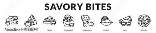 Savory bites banner presenting a curated selection of crispy appetizers and global snack favorites in Lineal Icon Style