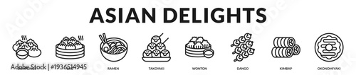 Refined Asian delights banner highlighting authentic regional specialties with rich flavors and heritage appeal in Lineal Icon Style