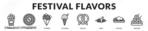 Festival flavors banner capturing joyful fairground favorites and vibrant celebratory cuisine in Lineal Icon Style