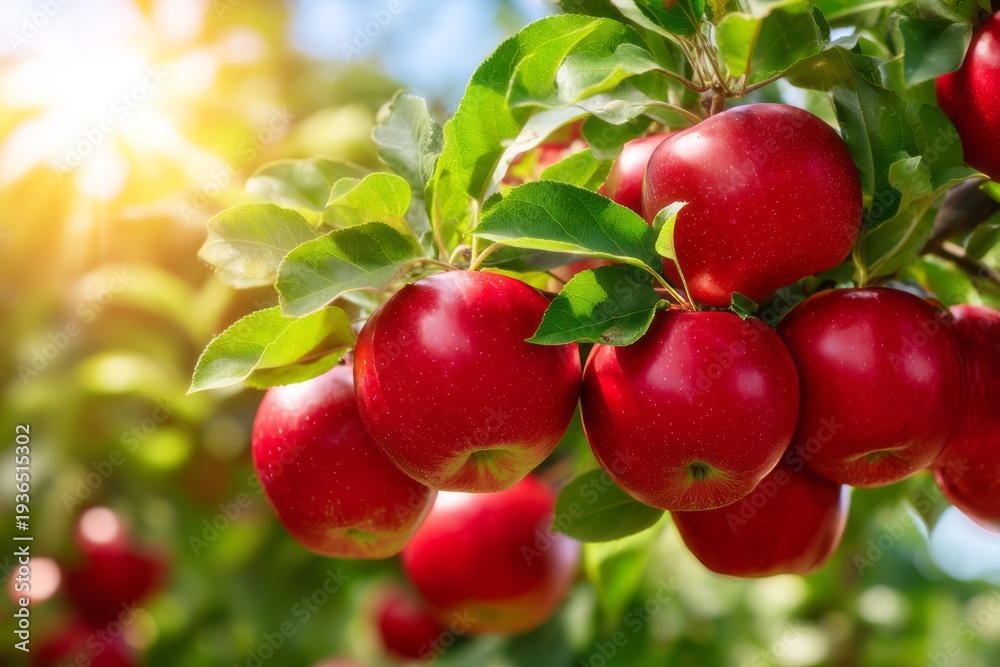 Obraz premium Freshly Picked Red Apples on a Tree Branch in a Lively Village Setting