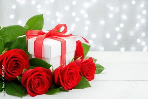 Red roses and gift box with ribbon on white background