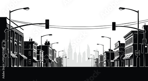 Flat 2D illustration of a city silhouette at dusk with streetlights and buildings against a seamless white background.