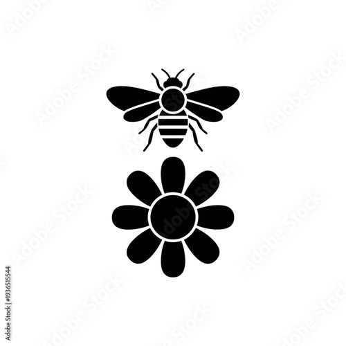 Minimalist Black Bee Icon Hovering Over Flower Silhouette