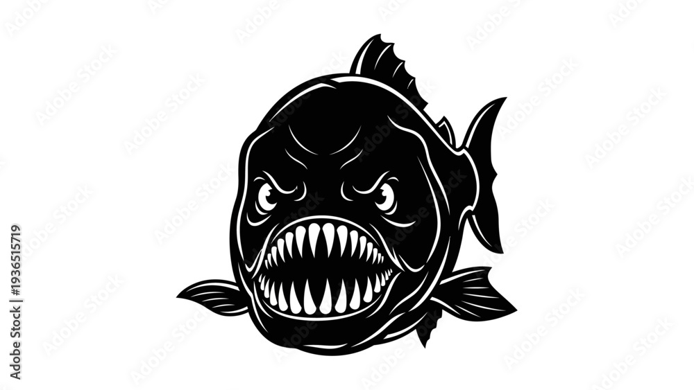 Obraz premium Fierce Piranha Fish with Sharp Teeth, Aggressive Predator, Black and White Illustration