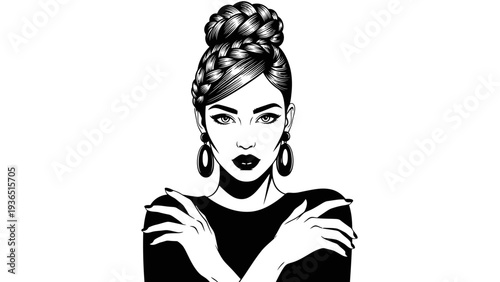 Elegant Woman with Braided Updo and Bold Earrings, Black and White Portrait