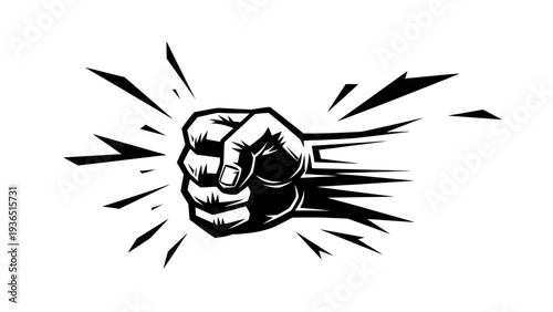 Impactful Fist Punching Forward with Motion Lines and Sharp Rays