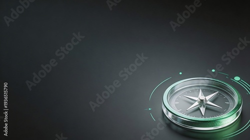 Metal compass with glowing HUD indicating direction on dark background