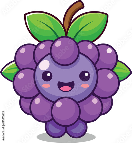A cartoon purple grape character with green leaves and a smiling face