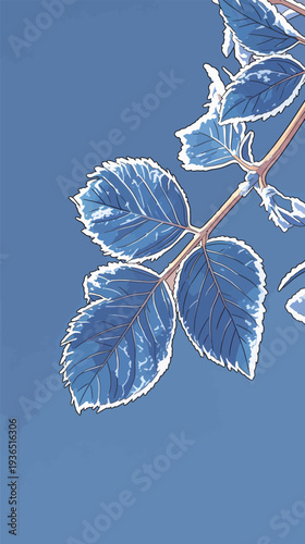 Bright blue leaves hang against a blue background. The leaves show detailed veins and edges in a clear display of nature.