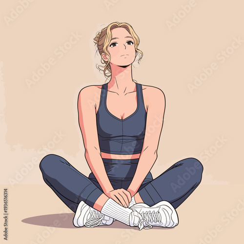 A young woman wearing sports clothes sits on the floor with legs crossed. She looks thoughtful while taking a break after exercise.