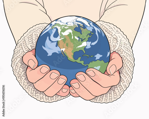 Two hands support a globe with North America visible. The scene emphasizes the importance of protecting the planet.