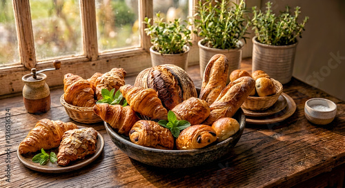 Fresh Croissants and Bread Basket in Cozy Kitchen