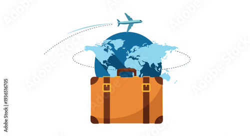 Flat 2D illustration of a suitcase with a globe emerging from it, surrounded by a flying airplane on a clean white background, conveying a world travel concept.