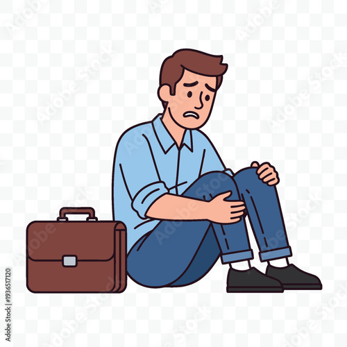 Sad Businessman Sitting Ground With Briefcase, Vector Illustration