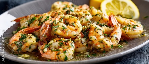 Panel kuchenny z motywem Golden brown shrimp with garlic and parsley, serving a delicious seafood meal or appetizer