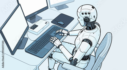 A robot sits at a desk using a computer with two monitors, typing on a keyboard during daytime hours.