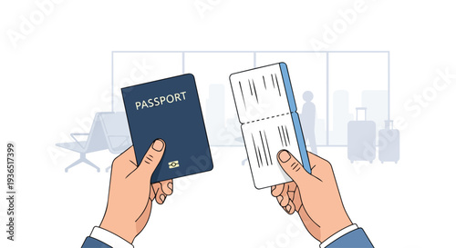 Flat 2D illustration of two hands holding a passport and travel documents against a concept background of office and travel items.