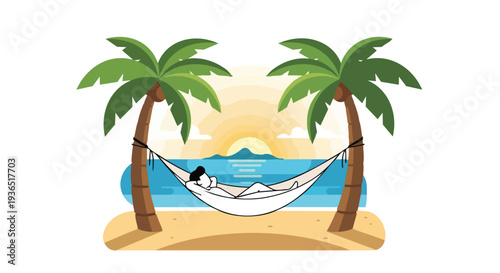 Flat 2D illustration of a person relaxing in a hammock between two palm trees on a tropical beach at sunset, concept of travel and leisure.