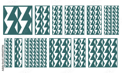 Set of zigzag geometric laser cut panels. Abstract angular lattice patterns for CNC cutting, decorative screens, wall panels, partitions and modern craft or interior design projects.