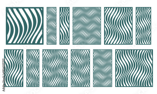 Set of wavy line laser cut panels. Abstract flowing stripe patterns for CNC cutting, decorative screens, wall panels, partitions, wood carving and modern interior design.