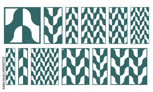 Set of abstract geometric laser cut panels with curved shapes. Decorative vector grille templates for CNC cutting, wood panels, screens, partitions, wall decor and craft projects.