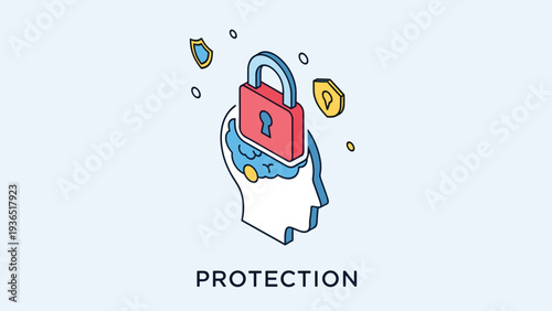 Isometric illustration of a human head with a red padlock and brain representing mental security, data protection, and privacy.