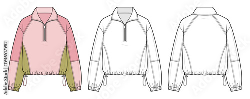 Multi-Panel Windbreaker technical fashion illustration. half-zip pullover vector template illustration. front and back view. vertical side panels. adjustable drawstring hem. unisex. pink CAD mockup.