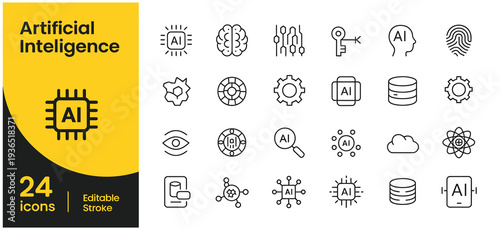 Artificial Intelligence icons set with 24 editable stroke symbols for technology and data concepts.