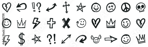 Hand drawn doodle icon set, sketch style arrows, hearts, stars, smiley faces and symbols vector collection on transparent background