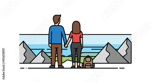 Flat 2D illustration of a couple holding hands with their dog in a scenic travel landscape with mountains and a serene lake in the background, conveying a sense of world exploration and adventure.