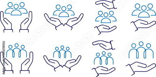 people support community care bule outline icons set vector illustration design art 
