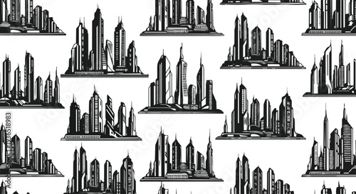 A seamless, flat 2D illustration of a city skyline in silhouette, featuring multiple skyscrapers and buildings against a clean white background.