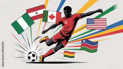 A dynamic illustration depicts a soccer player in red kicking a ball surrounded by flags representing various nations high quality professional detailed modern elegant stylish clean